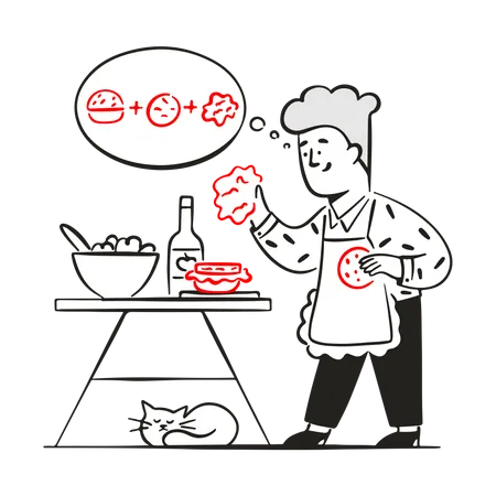Young man cooks according to recipe  Illustration