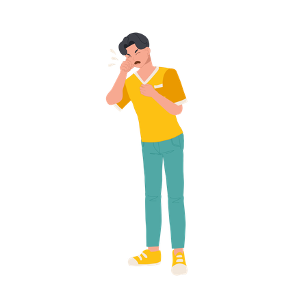 Young Man Coughing Without Hand Protection  Illustration