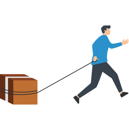 Young man courier delivery pulling the big box with rope  Illustration