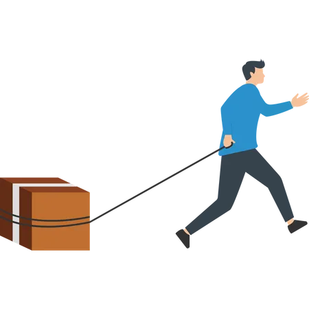 Young man courier delivery pulling the big box with rope  Illustration