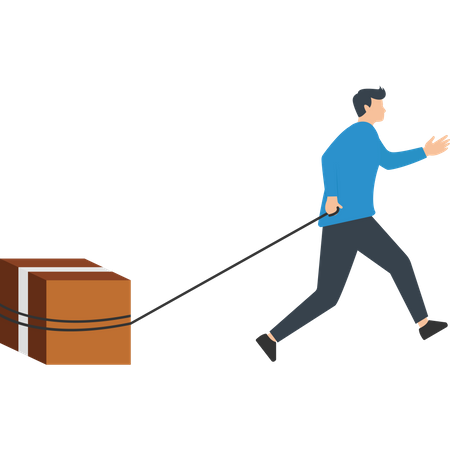 Young man courier delivery pulling the big box with rope  Illustration