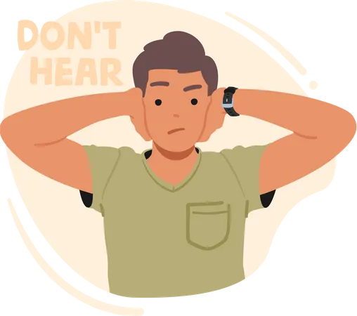 Male Character Refuse To Listen Evil Human Emotional Balance And Body Language Concept Young Man Covering Ears Like Wise Monkey Do Not Hear Evil Cartoon People Vector Illustration 일러스트레이션
