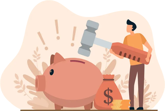 Young man cracking piggy bank  Illustration