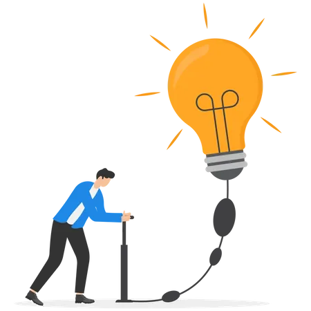 Create New Ideas Creativity Innovation To Solve Problems Idea Development Or Invention Imagination Or Motivation To Think About Solution Concept Businessman Pump Air Inflate In Big Lightbulb Idea Illustration