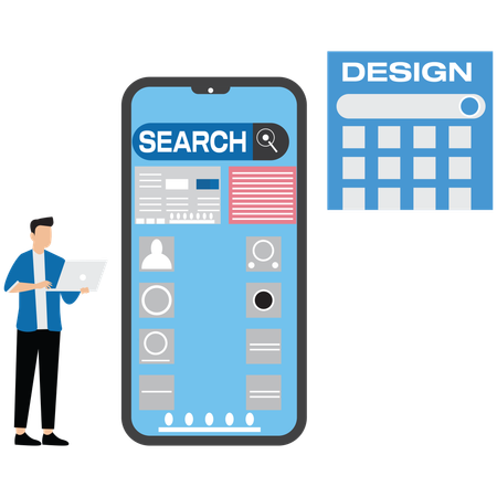 Young man creates custom design for mobile application  Illustration