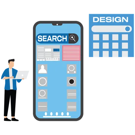 Young man creates custom design for mobile application  Illustration