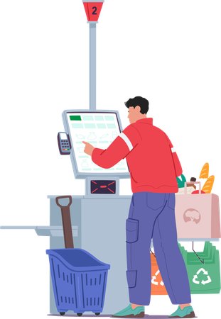 Young man customer making purchases with automatic retail self-checkout service  Illustration