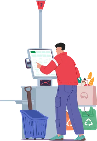 Young man customer making purchases with automatic retail self-checkout service  Illustration