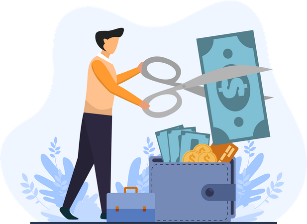 Young Man Cutting Money Prices  Illustration