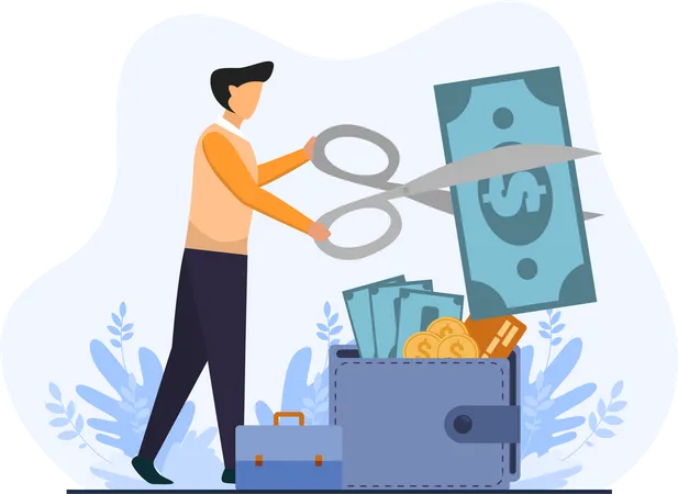 Young Man Cutting Money Prices  Illustration