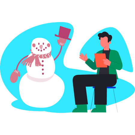 Young man decorating snowman  Illustration