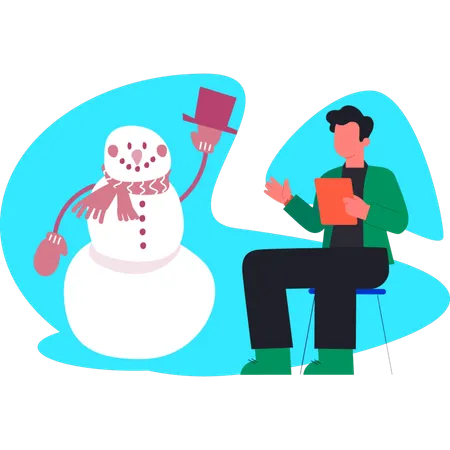 Young man decorating snowman  Illustration