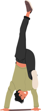 Young man demonstrating aerobics upside down trick showcasing emotional behavior  Illustration