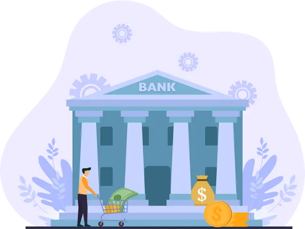 Young man depositing cash in bank  Illustration