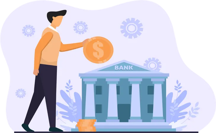 Young Man Depositing Money In Bank  Illustration