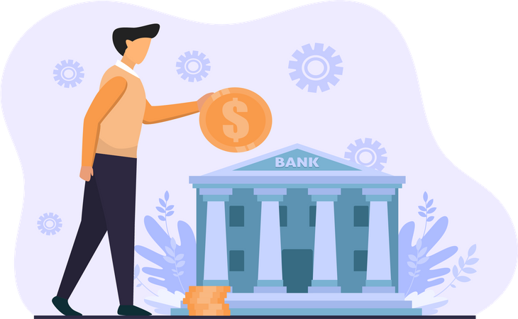 Young Man Depositing Money In Bank  Illustration