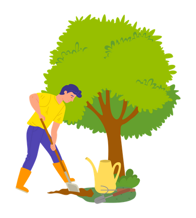 Young man digging at farm  Illustration