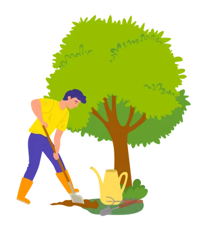 Young man digging at farm  Illustration