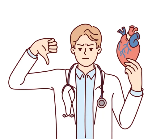 Man Doctor For Heart Disease Showing Thumb Down Recommending Taking Medication Or Leading Healthy Lifestyle Concept Negative Cardiac Tests For Patient And Poor Health Of Heart And Circulatory System Illustration