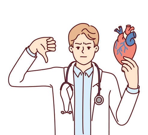 Young man doctor for heart disease showing thumb down recommending taking medication  Illustration