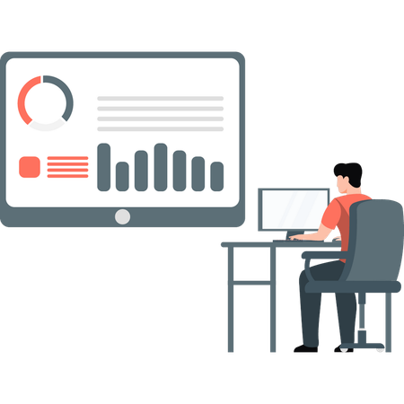 Young man doing analysis work on monitor  Illustration