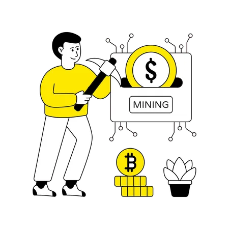 Young man doing Bitcoin Mining  Illustration