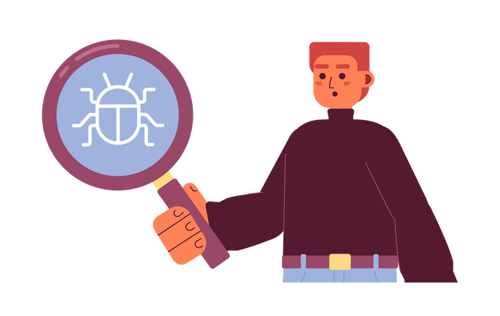 Young man doing Bug tester with magnifying glass  Illustration