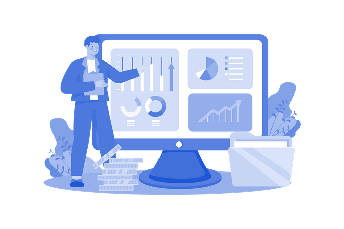 Young man doing business analyst prepares report on industry trends  Illustration