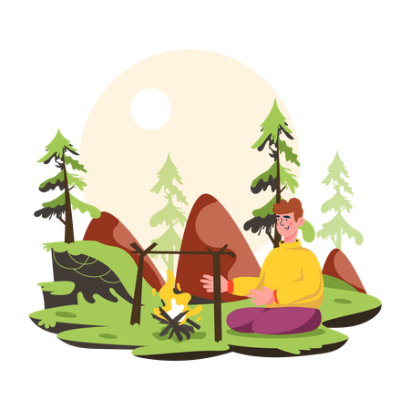 Young man doing camping and bonfire in forest  Illustration