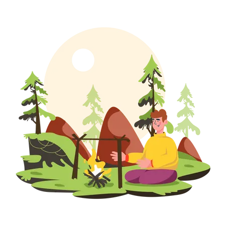 Young man doing camping and bonfire in forest  Illustration