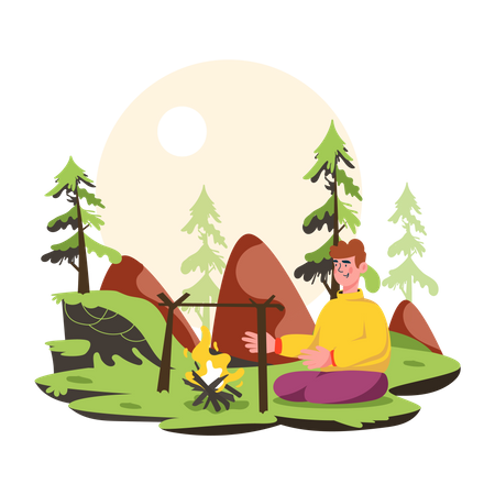 Young man doing camping and bonfire in forest  Illustration