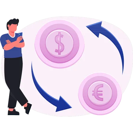 Young man doing exchange currency  Illustration