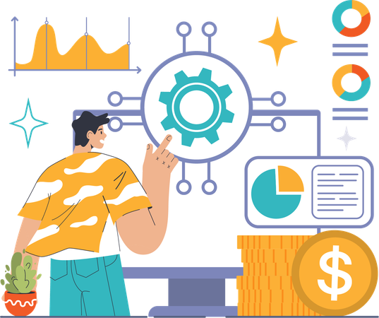 Young man doing financial analysis management  Illustration