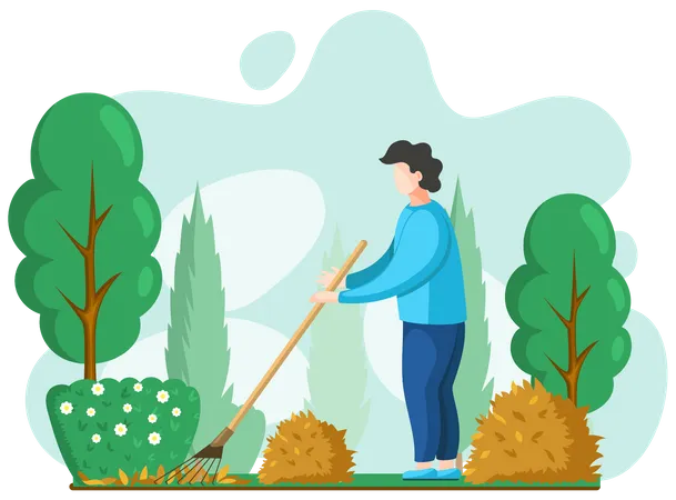 Young Man Doing Seasonal Garden Work Remove Leaves With Rake Works On Yard With Trees Agricultural Worker In Autumn Tidies Up Garden Removes Fallen Yellow Leaves Stands Near Trees And Bushes Illustration