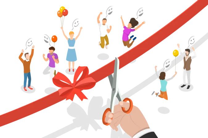 3 D Isometric Flat Vector Conceptual Illustration Of Ribbon Cutting Ceremony Grand Opening Illustration