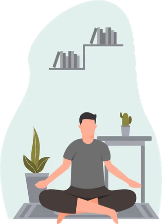Young Man Doing Meditation In Room Illustration