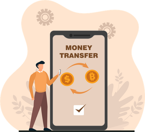 Young Man Doing Money Transfer Through Mobile  Illustration