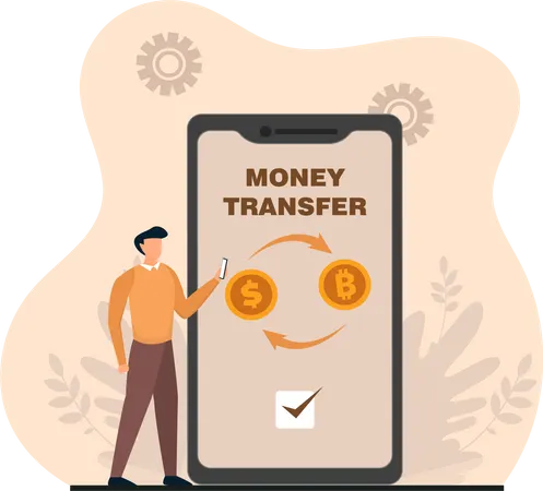 Young Man Doing Money Transfer Through Mobile  Illustration