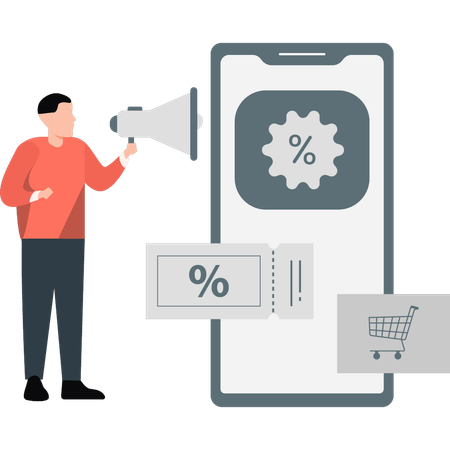 Young man doing online discount marketing  Illustration