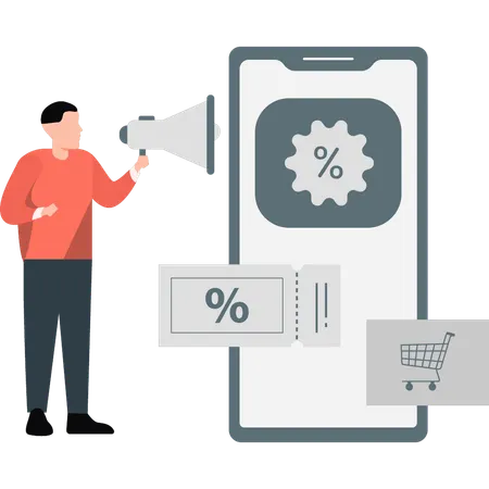 Young man doing online discount marketing  Illustration