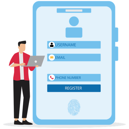 Young man doing Online registration and sign up using laptop  Illustration