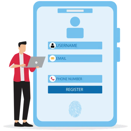 Young man doing Online registration and sign up using laptop  Illustration