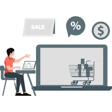 Young man doing online shopping in shopping sale  Illustration