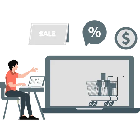 Young man doing online shopping in shopping sale  Illustration