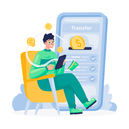 Young man doing online Transfer money  Illustration