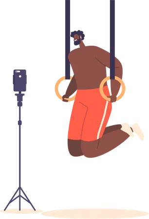 Young Man Doing Push ups On Gymnastic Rings  Illustration