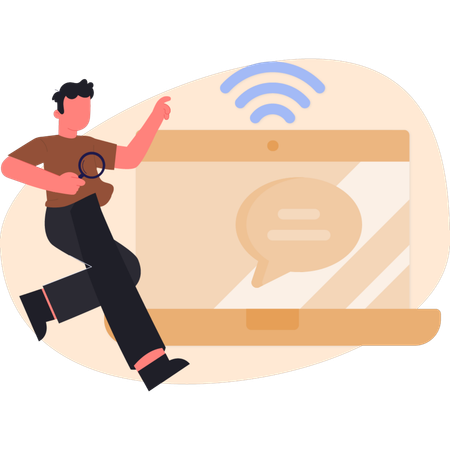 Young man doing research on wireless connection  Illustration