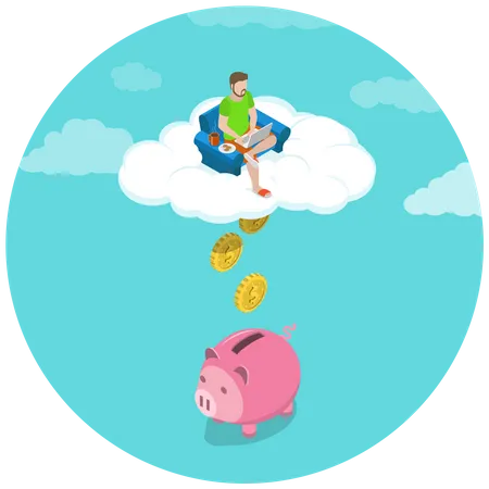 Remote Job Flat Isometric Vector Concept Young Man Is Working With His Laptop Sitting In The Arechare On The Cloud Coins Are Falling Down From The Cloud Into The Piggy Bank Illustration