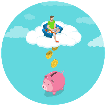 Young man doing savings money in piggy bank  Illustration