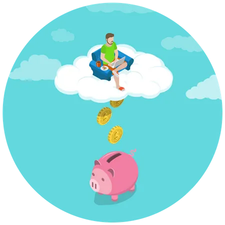 Young man doing savings money in piggy bank  Illustration